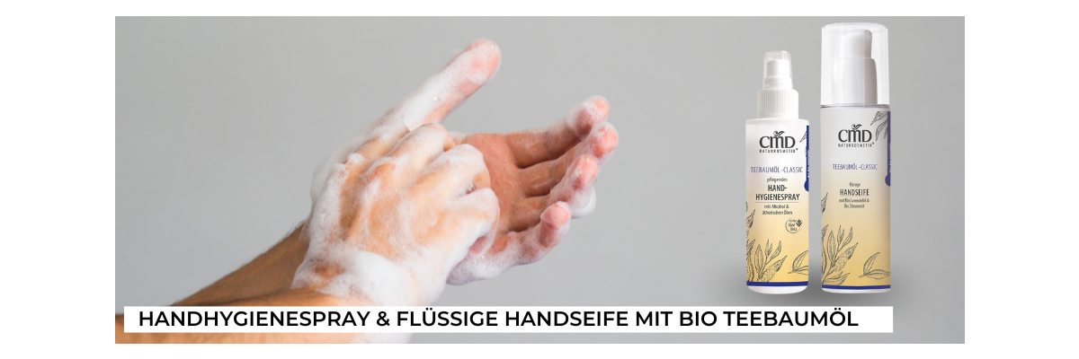 Handhygienespray und flüssige Handseife mit Bio Teebaumöl - Natürliche und wirkungsvolle Handhygiene mit Bio Teebaumöl