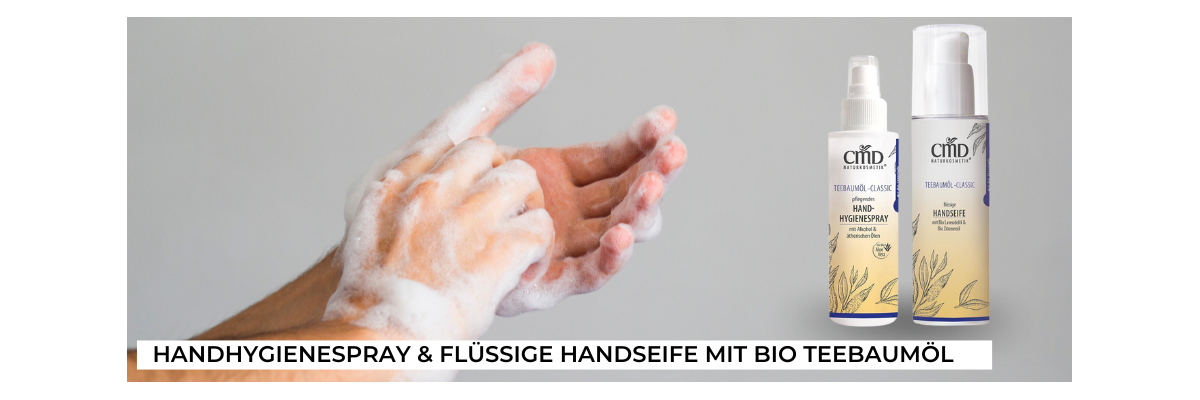 Handhygienespray und flüssige Handseife mit Bio Teebaumöl - Natürliche und wirkungsvolle Handhygiene mit Bio Teebaumöl